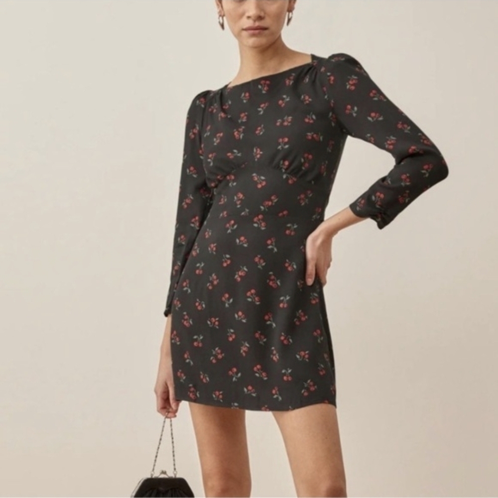 Reformation Tamra Cherry Print Mini Dress Black 6 NWT